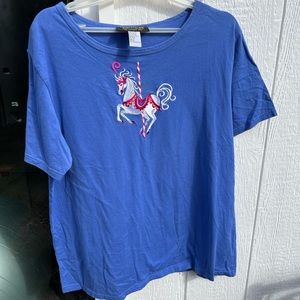 Bob Mackie 1X periwinkle embroidered Carousel Horse cotton tunic top